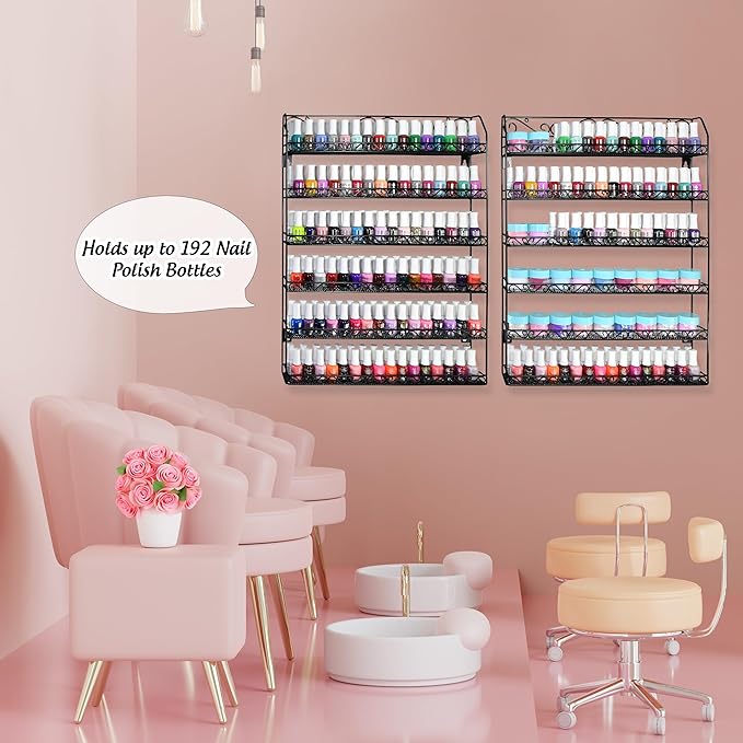 AMT 6 TIER Metal Nail Polish Racks for The Wall, Up to 192 Bottles, Clear Nail Polish Display | Essential Oils Organizer | Holds up to 192 Bottles. (Black - 2 Pack)