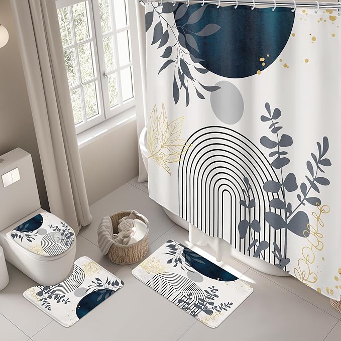 Riyidecor Mid Century Boho 4Pcs Shower Curtain Set with Toilet Lid Cover and Non-Slip Rugs,Modern Minimalist Navy Blue Bathroom Decor Set，Abstract Contour and Bath Mat with 12 Hooks