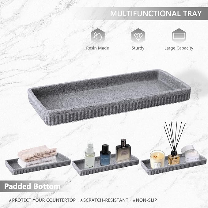 XLHOMO Resin Grey Bathroom Accessories Set 5 Pcs, Lotion Soap Dispenser, Toothbrush Holder, Bathroom Tumbler, Qtip Holder and Vanity Tray, Bathroom Countertop Organizer Set for Modern Home Apartment