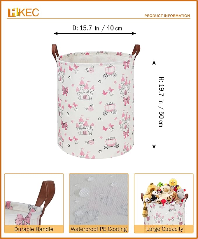 19.7" Laundry Basket,Kids Dirty Clothes Hamper,Waterproof Toys Storage Bin,Room Decor,Gift Baskets,Nursery Hamper(Pink Princess)