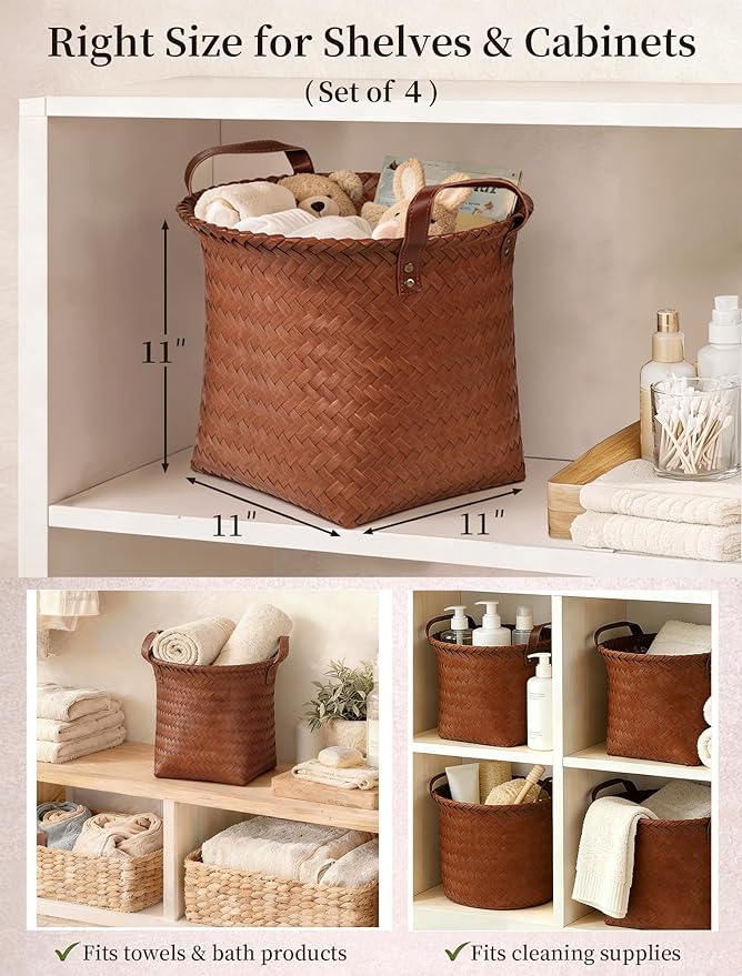 Hand Woven Baskets for Storage, 4Pcs Water-Resistant Wicker Baskets, Brown Wicker Storage Baskets for Shelves, Large Basket with Handle for Organizing, Closet, Laundry, Blanket - Round