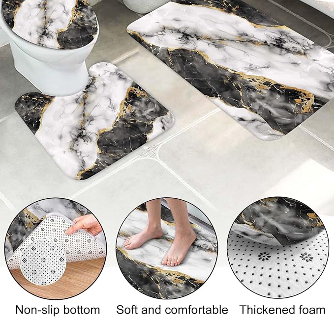 Lnond 4Pcs Bathroom Sets with Shower Curtain and Rugs, Marble Bathroom Shower Curtain Sets, Black White Gold Modern Art Bathroom Sets with Rugs and Accessories