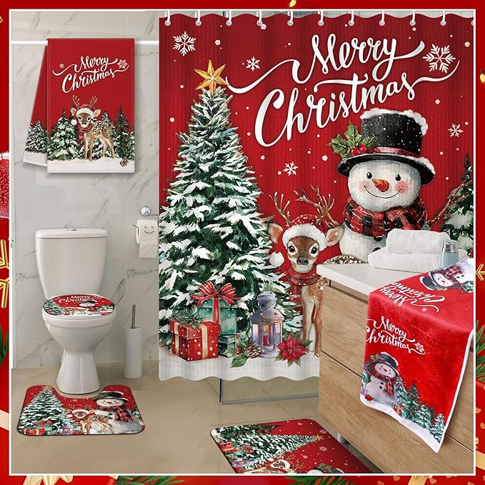 Nuanchu 6 Pcs Christmas Shower Curtain Set with Rug Bathroom Sets with Shower Curtain Bath Mat U Shaped Mat Toilet Lid Cover 2 Bath Towels and 12 Hooks Red Christmas Snowman Bathroom Decor