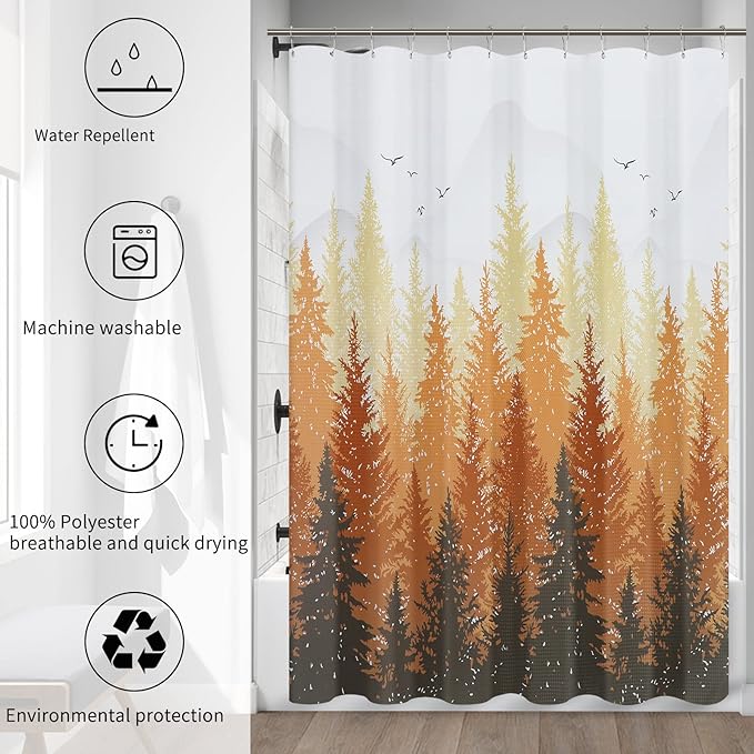 Hokibero Fall Forest Shower Curtain Woodland Nature Tree Plant Fabric Shower Curtains for Bathroom Water Repellent Hotel Quailty Mountain Curtain, 72 x 72 inch, Autumn Yellow