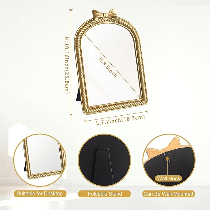 Gold Bow Resin Frame Mirror, Dual-Use Tabletop & Wall Mounted Vanity Mirror for Bedroom Living Room Decor