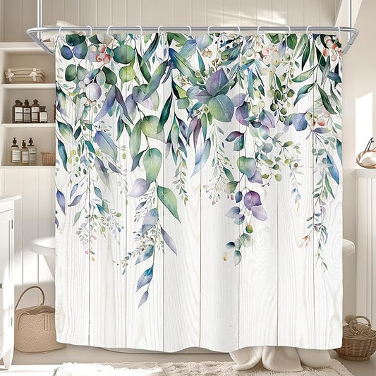Riyidecor Teal Shower Curtain for Bathroom Decor 72Wx72H Eucalyptus Leaves Plants Watercolor Floral Wooden Board Rustic Botanical Farm Art Printed Fabric Polyester Waterproof 12 Pack Plastic Hooks