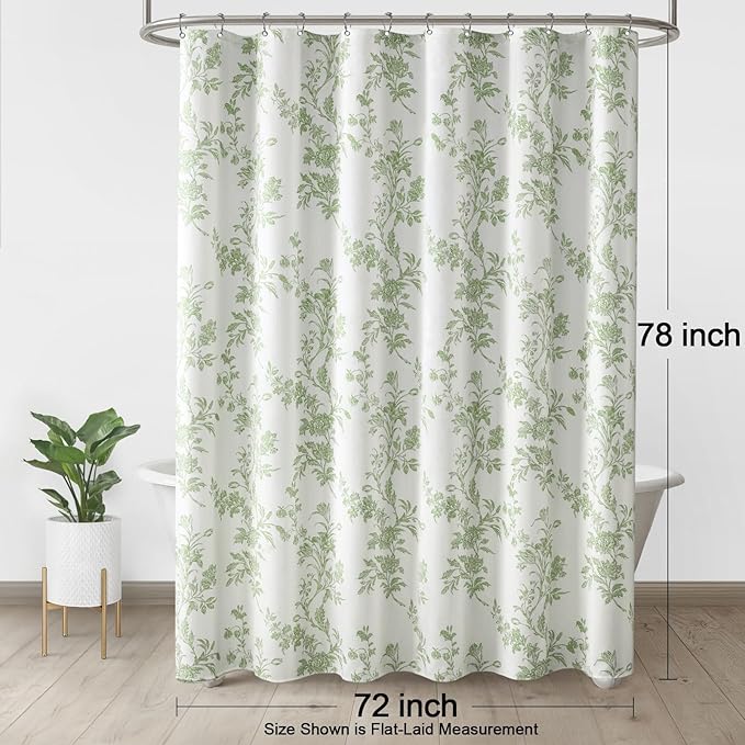 Sage Green Floral Shower Curtain,Vintage Cotton Cottagecore Shower Curtains for Bathroom, 72" W x 78" L