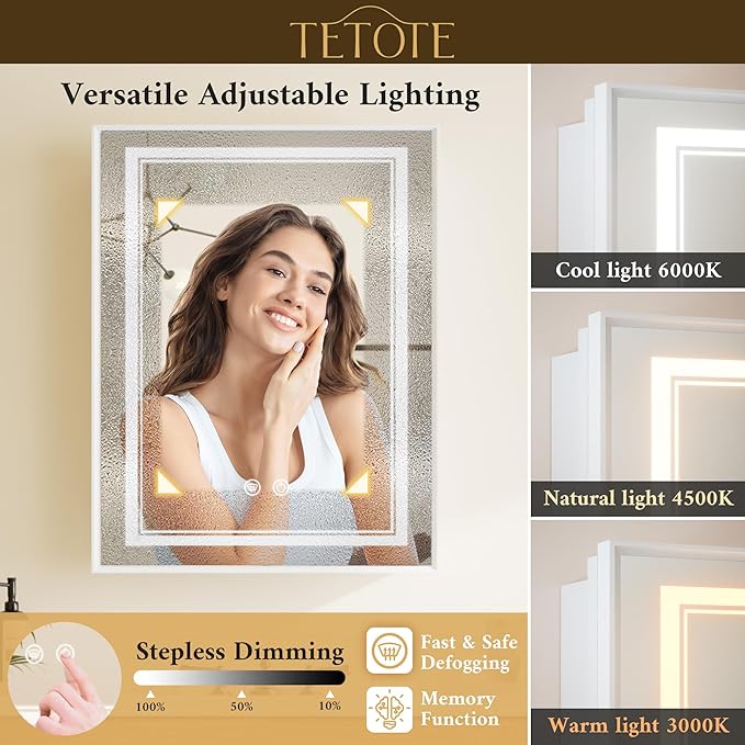 TETOTE 24 x 30 White Led Lighted Medicine Cabinet Mirror with 3-Color Lights, Wall Mount or Recessed Cabinet Mirror for Bathroom with Storage, Tempered Glass, 2 Outlets, Anti-Fog, Adjustable Shelf