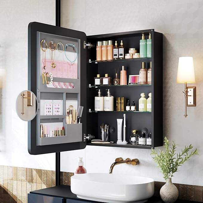 Medicine Cabinet with Mirror, 20x26 Inch Aluminum Bathroom Cabinet with Adjustable Glass Shelves, Built-in Makeup Storage, Recessed or Surface Mount, Soft Close Hinges, Matte Black