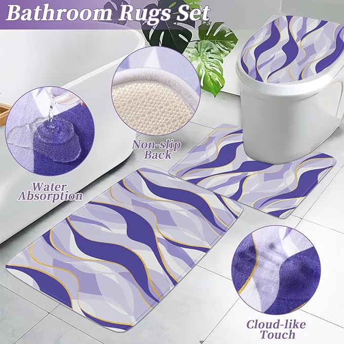 XLHOMO Bathroom Set - Purple and Gold Bathroom Accessories, Bathroom Sets with Shower Curtain and Rugs, Purple Shower Curtain Set with Bathroom Trash Can, Soap Dispenser, Soap Dish for Home Decor