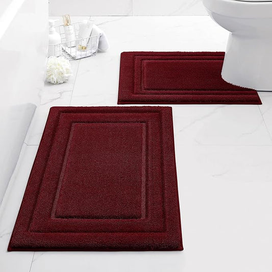 HOMEIDEAS Bathroom Rugs Sets 2 Piece, Super Soft and Absorbent Non Slip Microfiber U-Shaped Toilet Bath Mat Set (20"x32"+U20 x24, Burgundy Red)