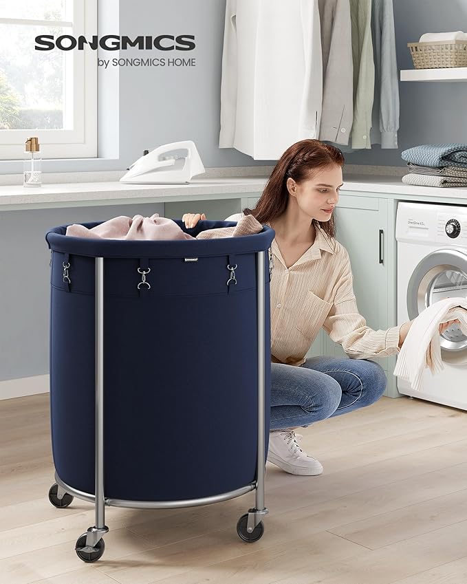 SONGMICS 50.2-Gallon (190 L) Laundry Basket with Wheels, Rolling Round Heavy-Duty Laundry Hamper Cart with Steel Frame and Removable Bag, 2 Locking Wheels, Charcoal Blue and Metallic Silver URLS001Q01