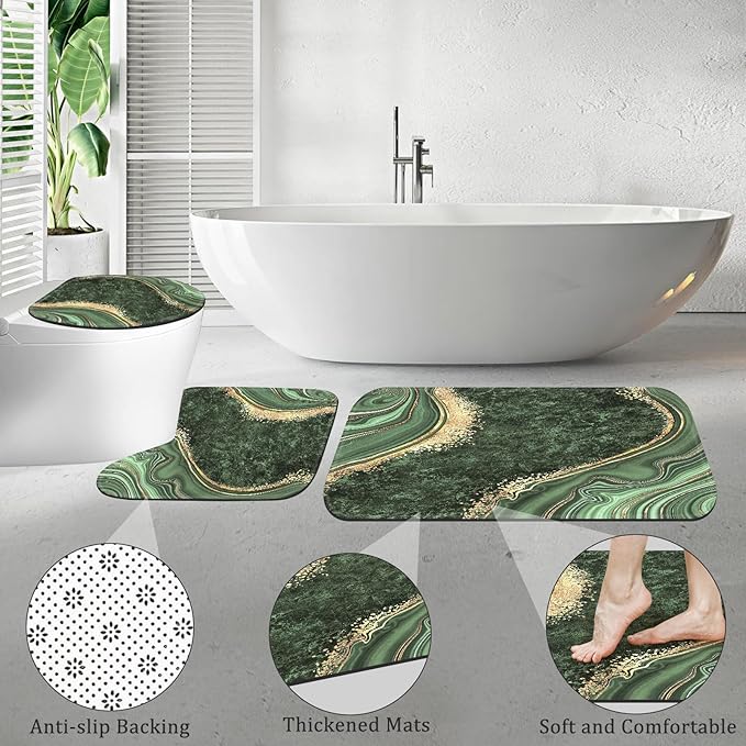 4PCS Sage Green Marble Shower Curtain Sets with Rugs, Luxury Bathroom Sets with Shower Curtain and Rugs, Abstract Bathroom Curtains Shower Set with Toilet Lid Cover for Bathroom Decor