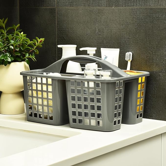 ALINK Plastic Shower Caddy Basket with Compartments, Portable Divided Cleaning Supply Storage Organizer with Handle for College Dorm Bathroom - Gray