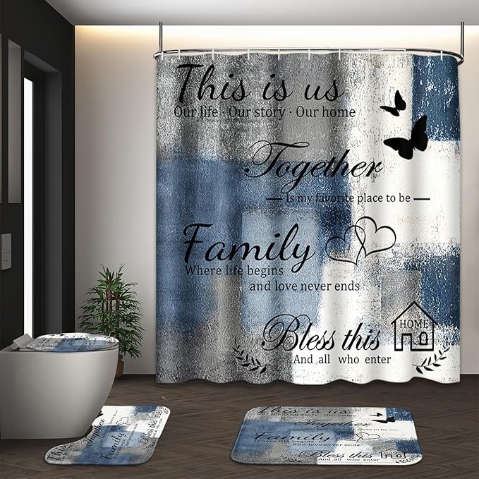 Family Home Motivational Shower Curtain Set with Toilet Lid Cover and Non-Slip Rugs for Bathroom, Blue Grey White Abstract Painting Art 4 Pcs Shower Curtain, Modern Bathroom Set with 12 Hooks