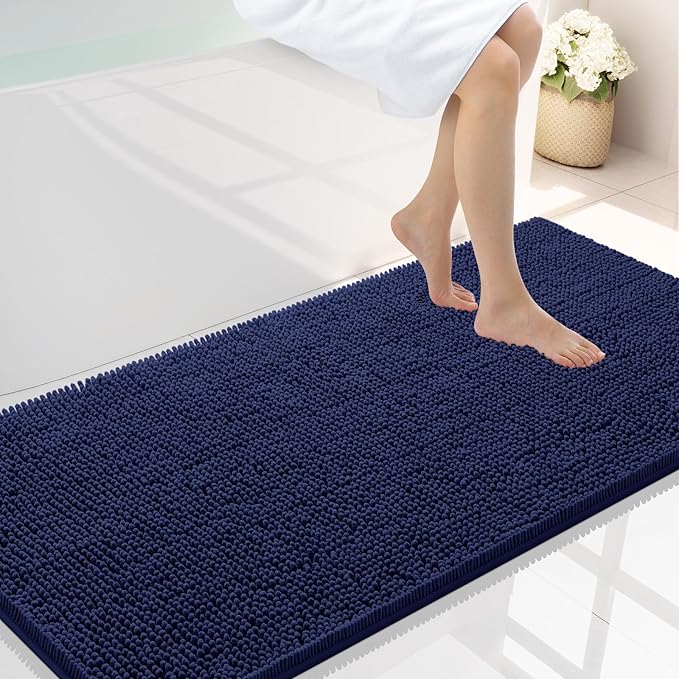 Smiry Luxury Chenille Bathroom Rugs 45x27, Extra Soft and Absorbent Shaggy Bath Mat, Machine Washable, Non-Slip Plush Carpet Runner for Tub, Shower, and Floor, Home Decor Accessories, Navy Blue