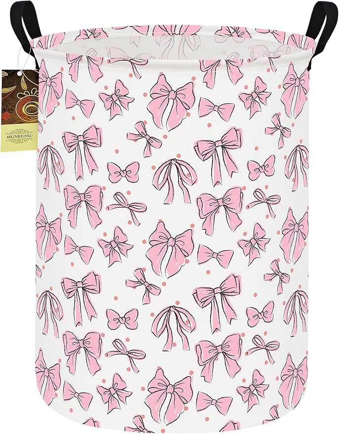 HUNRUNG Laundry Hamper,Large Canvas Fabric Lightweight Storage Basket Toy Organizer Dirty Clothes Collapsible Waterproof for College Dorms???Round-Pink Bow???