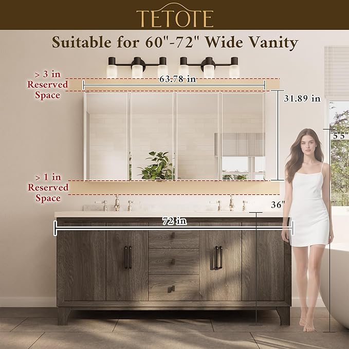 TETOTE 64 x 32 Medicine Cabinet with Tempered Beveled Mirror Silver Aluminum Cabinet DTC Hinges, Stepless Adjustable Shelves, Recessed/Surface-Mounted