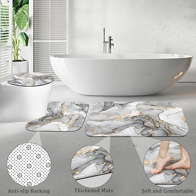 4PCS Grey Marble Bathroom Sets with Shower Curtain and Rugs, Abstract Shower Curtain Sets with Rugs, Gold Bathroom Curtains Shower Set with Toilet Lid Cover Accessories
