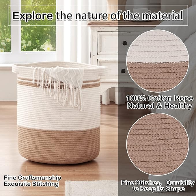 OIAHOMY Laundry Basket- Rope Basket Large Storage Basket with Handles,Modern Decorative Woven Basket for Living Room,Storage Baskets for Toys, Throws, Pillows,and Towels -18"×16"-White&Yellow