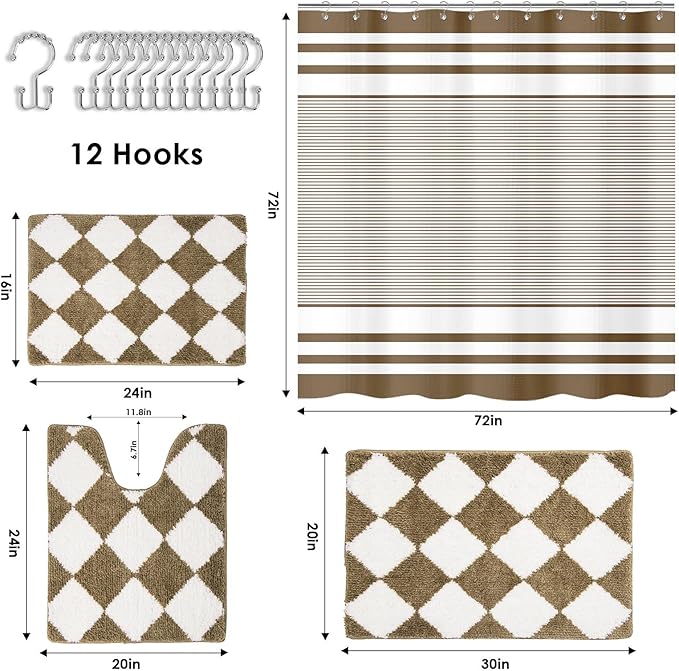 Britimes Brown Stripes Bathroom Sets with Shower Curtain and Rugs, Ombre Modern Minimalist Striped Waterproof Shower Curtain Liner and Soft Non Slip Bath Mat for Bathroom Decor and Accessories Hooks