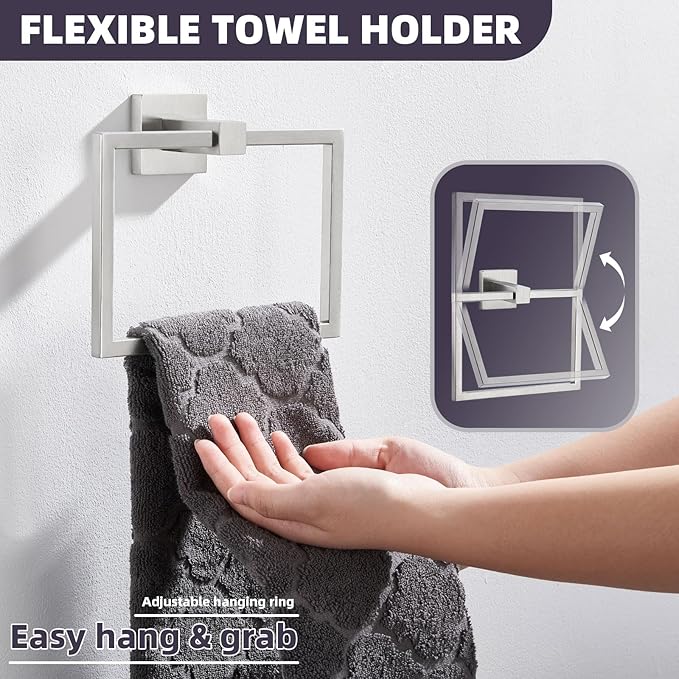APLusee Brushed Nickel Towel Ring, 304 Stainless Steel Square Bathroom Towel Holder, Wall Mounted