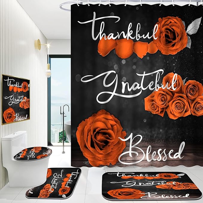 Onalasyc 4Pcs Orange Rose Shower Curtain Set with Rugs Waterproof Bathroom Sets with Shower Curtain and Rugs Romantic Rose Floral, Thankful Grateful Blessed Bathroom Curtains Shower Set,with 12 Hooks