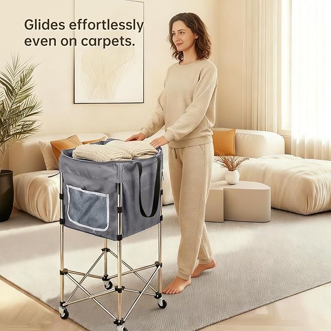 35.9" Tall Laundry Cart with Wheels, No-Bend Rolling Laundry Basket, Stable Stainless Steel Frame, Collapsible Laundry Hamper for Bathroom, Dorm & Bedroom, 600D Washable Bag – Grey