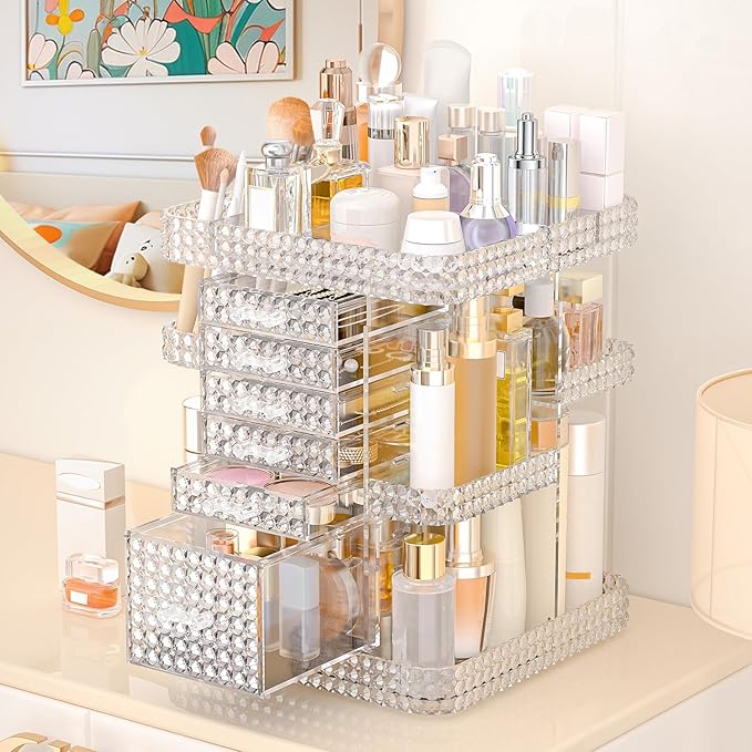 360 Rotating Makeup Organizer for Vanity, Large Skin Care Organizer with 6 Drawers Clear Acrylic Cosmetic Organizer Adjustable Spinning Makeup Storage Perfume Organizer for Dresser (Clear)