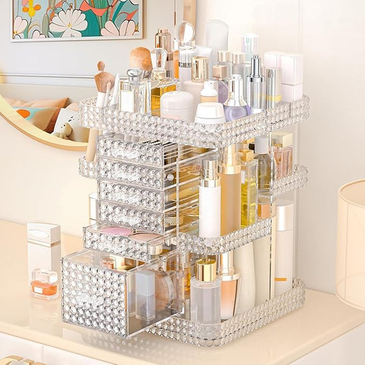 360 Rotating Makeup Organizer for Vanity, Large Skin Care Organizer with 6 Drawers Clear Acrylic Cosmetic Organizer Adjustable Spinning Makeup Storage Perfume Organizer for Dresser (Clear)