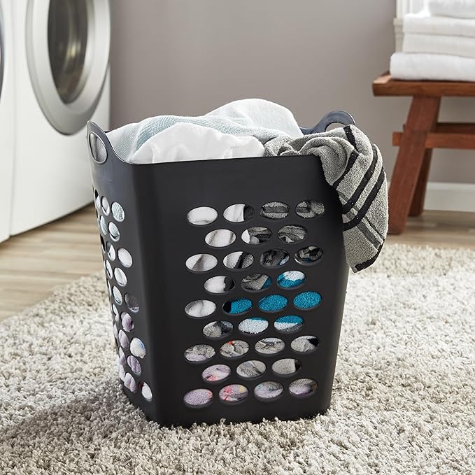 Square Laundry Hamper with Handles – Large Capacity Plastic Laundry Basket, Space-Saving Design with Ventilation Holes, Black