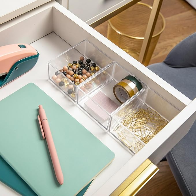 Martha Stewart Brody Desktop Storage Organizer, Stack and Slide Plastic Organizer Tray, Organizer for Office, Kitchen, or Vanity, 3" x 3.75", Clear