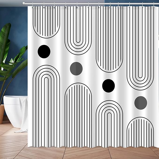 Boho Mid Century Shower Curtain Set, Modern Minimalist Arch Lines Sun Abstract Aesthetics Bathroom Decor, Waterproof Fabric White Bohemian Bath Curtain with 12 Hooks 72x72 inches