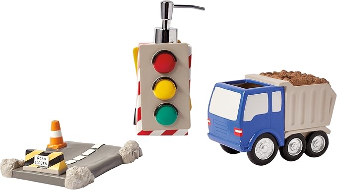 dream FACTORY Trains and Trucks Kids Bathroom Accessories Set - 3-Piece Organizer Décor for Bath Countertop - 1 Toothbrush Holder, 1 Lotion Pump / Soap Dispenser, 1 Soap Dish Tray, Grey