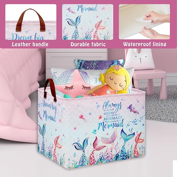 Mermaid Nursery Decor Hamper Pink Laundry Hamper Ocean Fish Animal Baby Girl Gift Basket ,Kids Storage Box Cute Beach Towel Pool Clothes Book Toy Bin,Boo Basket for Halloween
