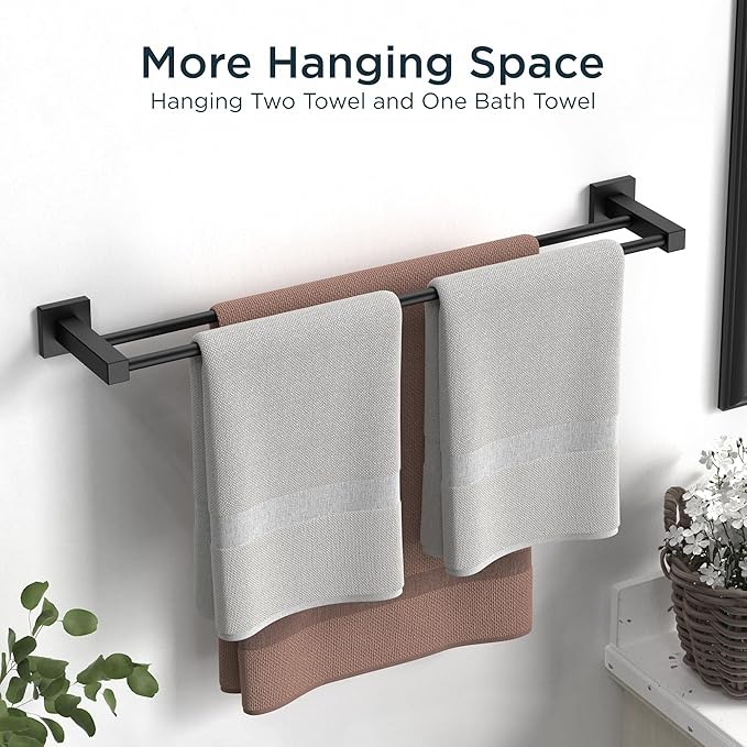 FORIOUS Black Double Towel Bar 24 Inch, Double Towel Racks for Bathroom Wall, Heavy Duty SUS304 Stainless Steel Square Dual Towel Bar Wall Mount, Matte Black