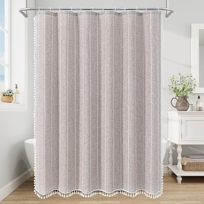 MitoVilla Boho Extra Long Shower Curtain 72 x 84, 84 inch XL Cotton Linen Tassel Fabric Shower Curtains for Vintage Country Farmhouse Bathroom Decor, Thick & Wrinkle Resistant, Brown Grey