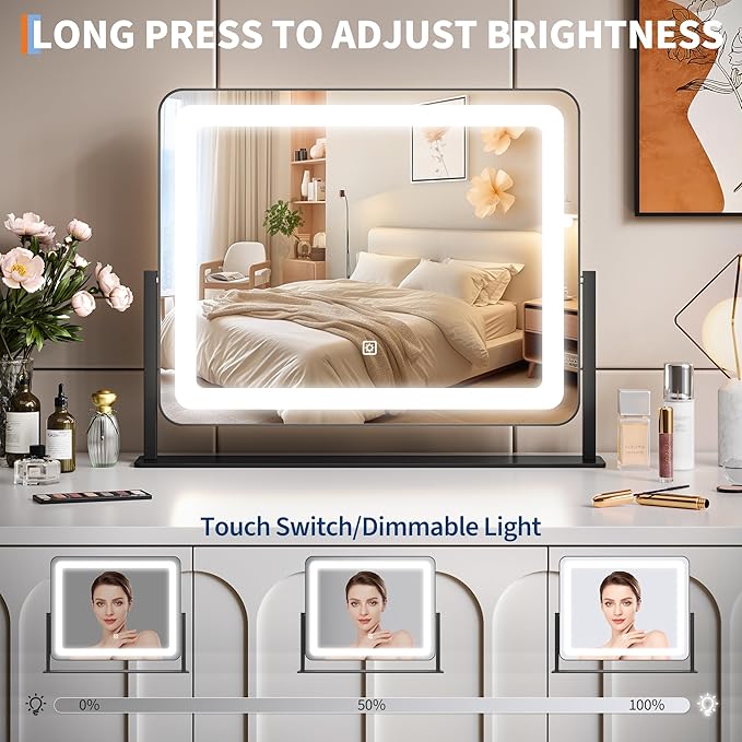 19.6 in x15.7 in Vanity Mirror with Lights, Large Lighted Mirror, LED Makeup Mirror with 3-Color Dimmable Modes and Smart Touch Control, Perfect for Desk or Bedroom, Vanity Desk Tabletop Makeup, White