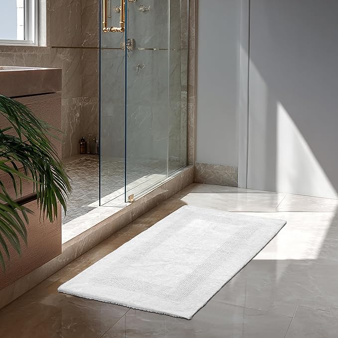 COTTON CRAFT Luxurious Bathmat Rug - Set of 2 Reversible Heavyweight Large Step Out Bath Mats for Bathroom Floor, Tub and Shower - Pure Cotton Soft Plush Absorbent Tufted Racetrack Mat - 20x30 - White