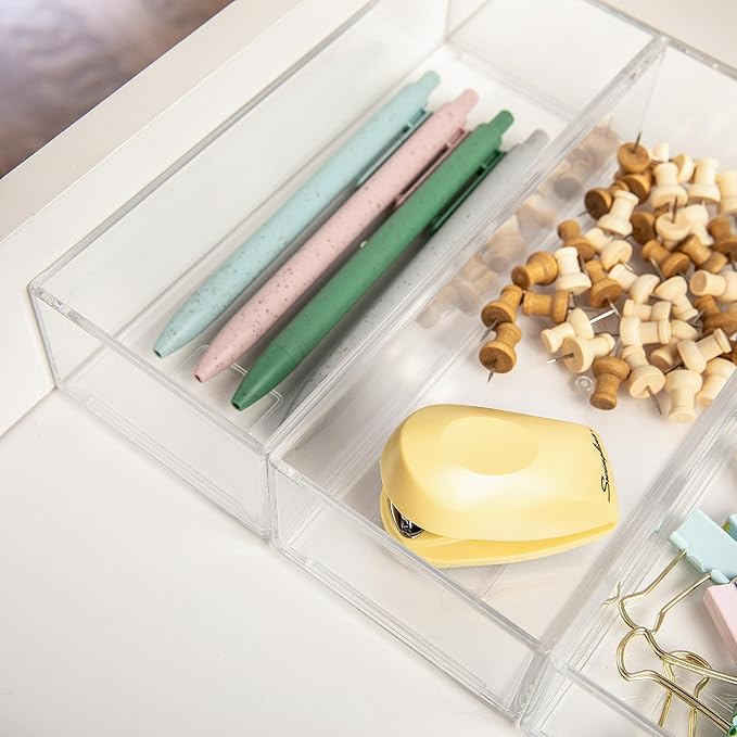 Martha Stewart Brody Desktop Storage Organizer, Stack and Slide Plastic Organizer Tray, Organizer for Office, Kitchen, or Vanity, 3" x 7.5", Clear