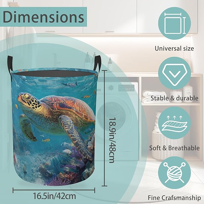 Sea Turtle Round Laundry Hamper Storage Basket Toys Clothes Organizer Bin For Home Bathroom Bedroom Dorm Nursery