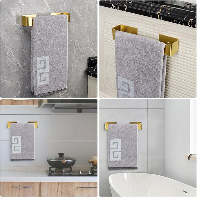 NearMoon Self Adhesive Hand Towel Holder/Towel Ring, Stainless Steel Hand Towel Bar Rustproof Stick on Wall-Towel Rack for Bathroom/Kitchen, Square Sticky and Wall Mounted (9 Inch, Brushed Gold)