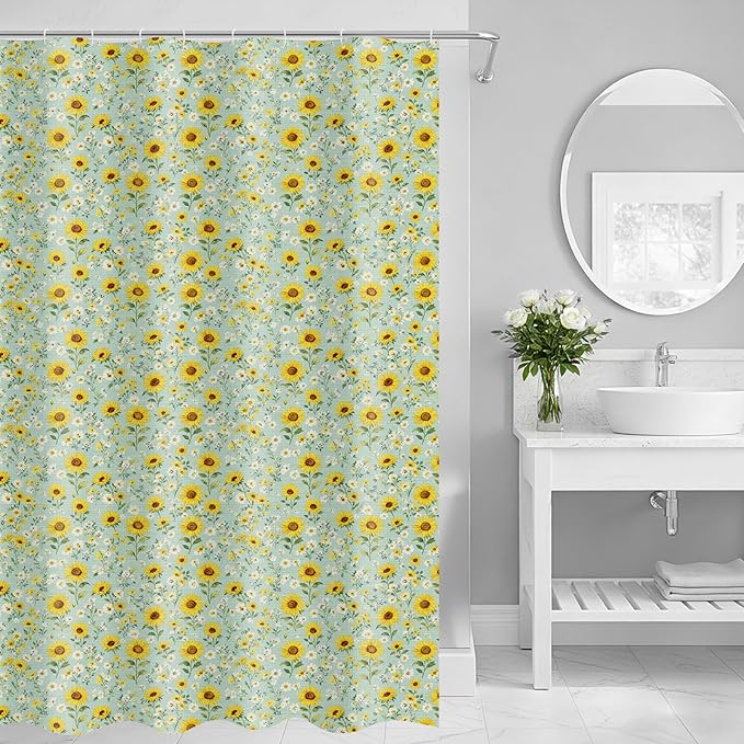 Boao Floral Shower Curtain Linen Farmhouse Cottagecore Spring Shower Curtain Boho Rustic Wildflowers Water Repellent for Bathroom Farmhouse 72" W x 72" L(Sunflower)