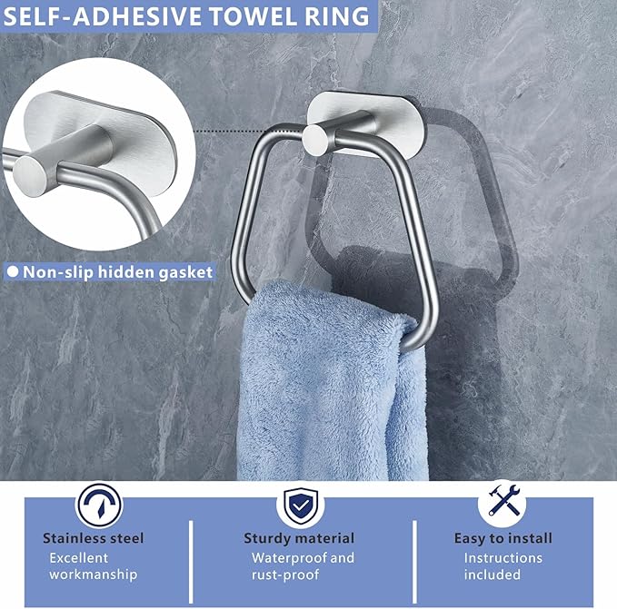 Self-Adhesive Towel Ring, Bathroom Hardware Accessories, 304 Stainless Steel Hand Towel Holder for Bathroom and Kitchen, Ladder Towel Hook, No Drill Installation Wall Mount (Brushed Nickel)