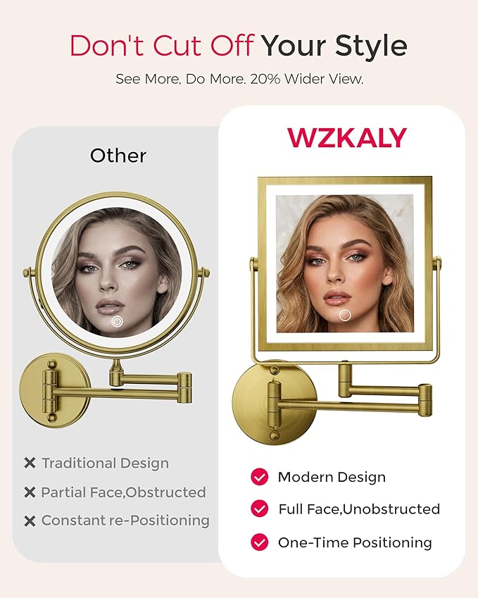 Rechargeable Wall Mounted Makeup Mirror with Lights, 4000mAh Double Sided 1X/10X Magnifying Vanity Mirror with 3 Color Lights, Touch Dimmable, 360° Extension Foldable Arm (Antique Brass)