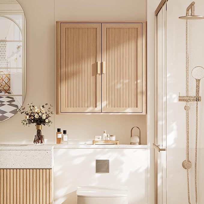 INNOD Bathroom Storage Cabinet, Over The Toilet Storage Cabinet, Medicine Cabinet with Adjustable Wood Shelf & Doors for Laundry Room & Kitchen & Living Room (Natural Oak)