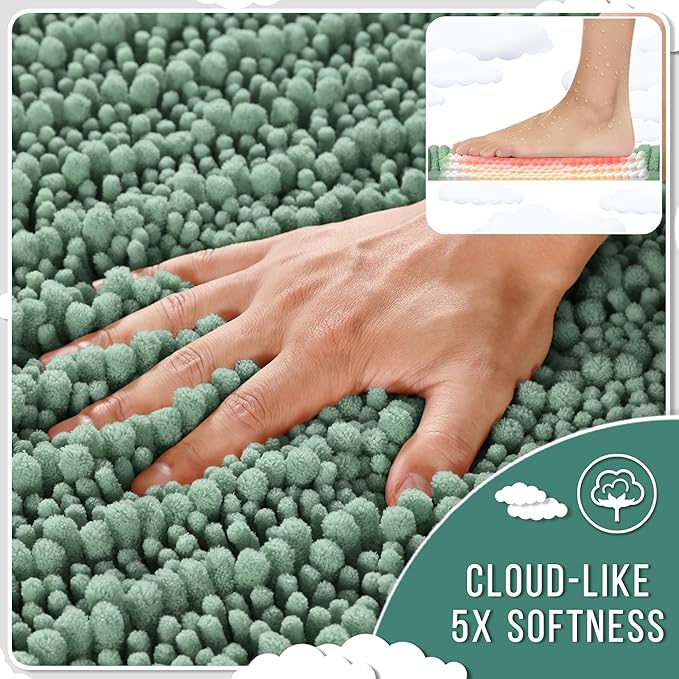 Yimobra Bathroom Rugs Non Slip Washable - Ultra Soft Absorbent Chenille Bath Mat, Quick Dry Shaggy Floor Carpet for Tub Shower, Green Home Decor Accessories, 24x17 Inch