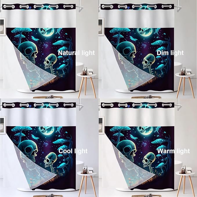 Shrahala Happy Halloween Funny No Hooks Shower Curtain with Snap in Liner Set, Skeletons Grass Mushrooms Starry Sky Bathroom Décor Polyester Fiber Waterproof for Stall Bathtubs 71 x 86 in