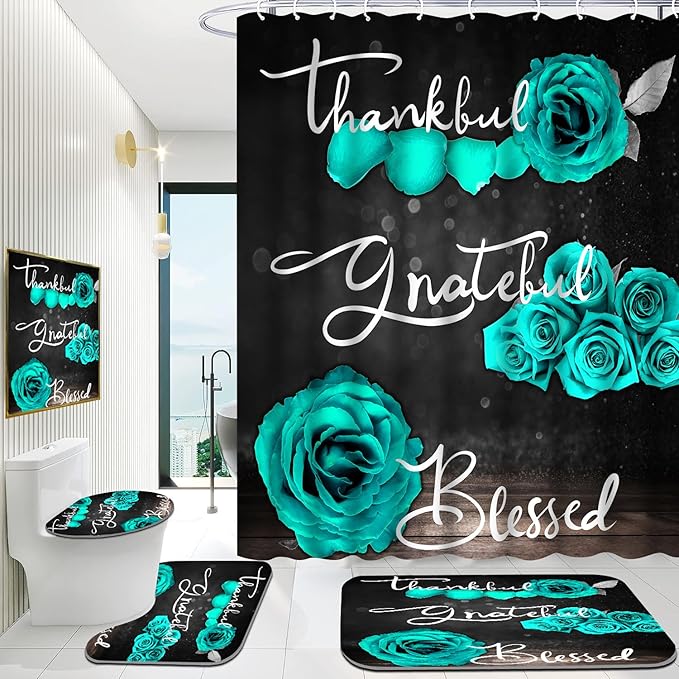 Onalasyc 4Pcs Green Rose Shower Curtain Set with Rugs Waterproof Bathroom Sets with Shower Curtain and Rugs Romantic Rose Floral, Thankful Grateful Blessed Bathroom Curtains Shower Set,with 12 Hooks