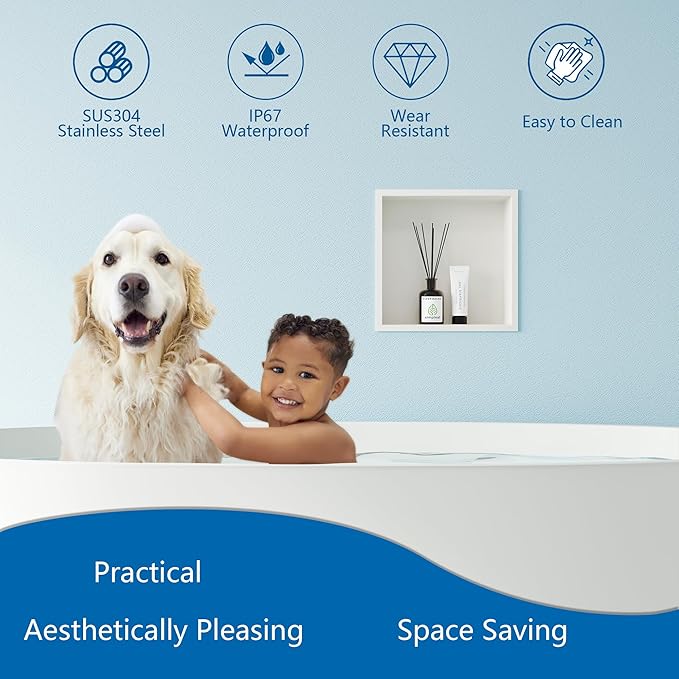 Neodrain Shower Niche, Insert Bathroom Storage Shower Shelf, Stainless Steel Recessed Wall Niche No Tiled Recessed Cabinet Waterproof for Shower Storage(White,12"x12")